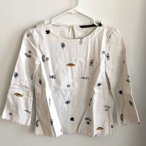 Zara Basic Cancas Shirt, White with figurines, XS